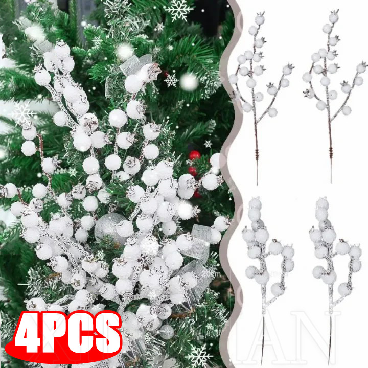2/4pcs ประดิษฐ์คริสต์มาสฤดูหนาวผลไม้ทับทิมสีขาว-สําหรับการจัดดอกไม้แจกันช่อดอกไม้- Snow Holly สาขา Berries-Diy Home งานแต่งงานพวงหรีด Party Xmas Tree Decor