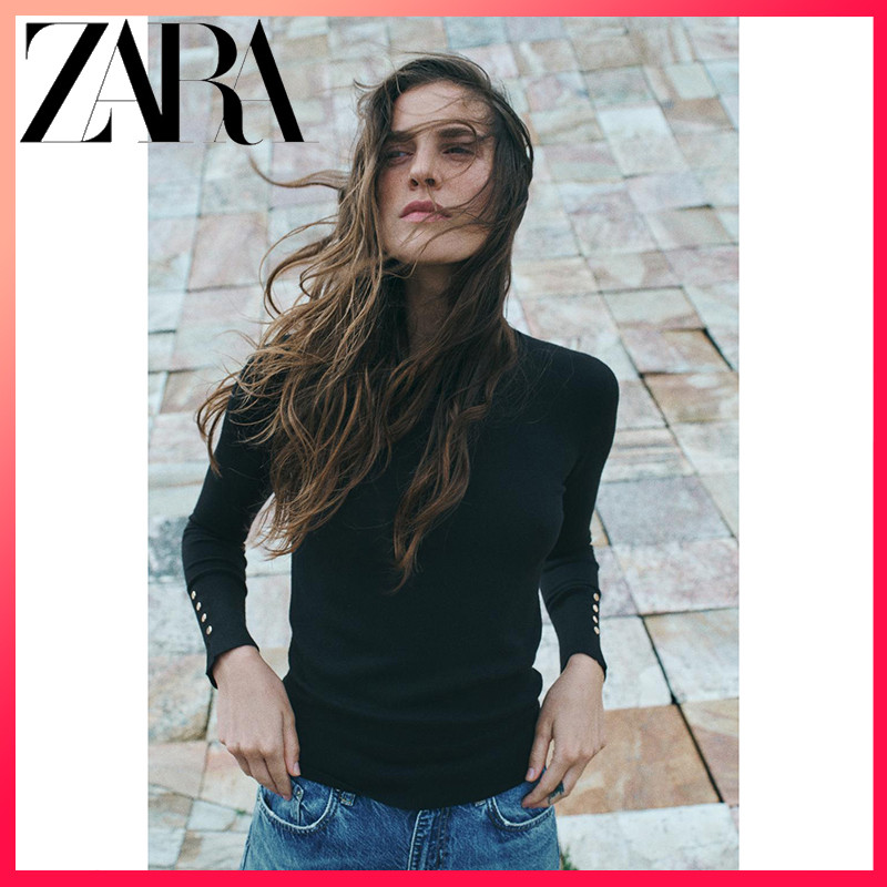 ZARA ซาร่า ใหม่เสื้อผ้าสตรีธรรมดาพื้นฐานคอกลมแขนยาวเสื้อกันหนาว