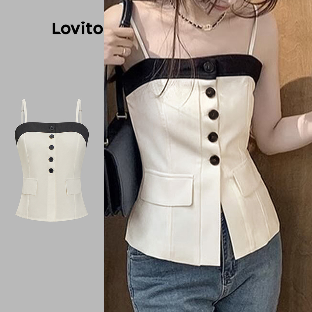 Lovito ปุ่มธรรมดาหรูหราปุ่มธรรมดา สีบล็อกเสื้อกล้ามสำหรับผู้หญิง L104ED531