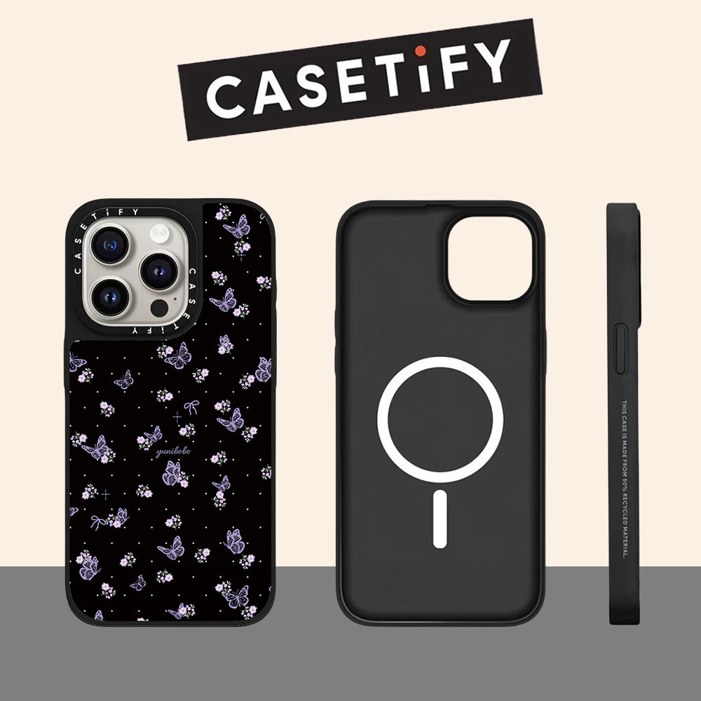 Casetify แม่เหล็กเต็มหน้าจอผีเสื้อสีม่วงกระจก Hard เคสโทรศัพท์สําหรับ iPhone 16ProMax 16Pro 16Plus 15ProMax 14 13 12 Pro Max 11 ห่อกันกระแทกด้านหลังอะคริลิคปลอก