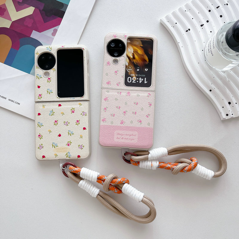 เคสโทรศัพท์แบบพับได้สําหรับ Oppo Find N2 N3 Flip Pink เชือกสั้นลายดอกไม้พร้อมสติกเกอร์ผิวเคสโทรศัพท์ tpu แบบแข็ง