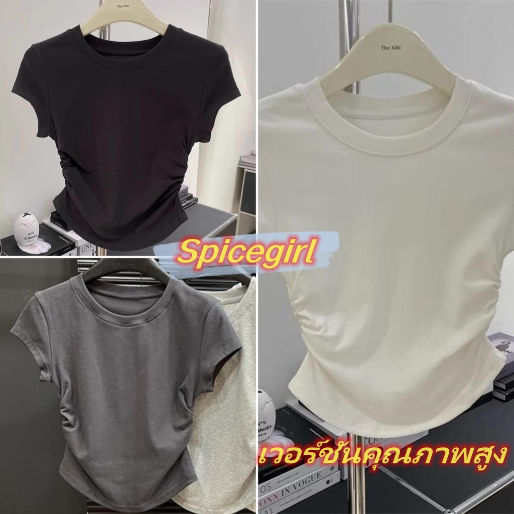 จัดส่งทันที✨เสื้อยืดผู้หญิง ผ้ายืดรูปทรงสวย ด้านข้างออกแบบจีบ ย้อนยุค แขนสั้นคอกลม เสื้อแฟชั่น-T249