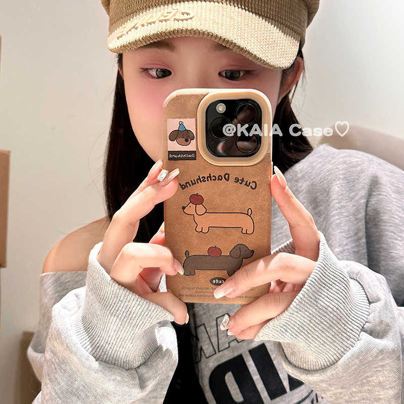 Insสามลูกสุนัขสุนัขรูปแบบหนังสีน้ําตาลสี่มุมanti-fallเคสโทรศัพท์สําหรับiphone 16 Promax 15 Promax 12 13 14plus 11 Pro Max X XS XR XS Max