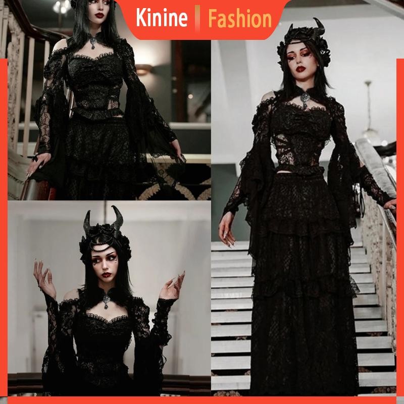 Kin ผู้หญิง Gothic-เสื้อผ้าดูผ่าน Crop Tops สุภาพสตรี Flare Sleeves Cropped Top