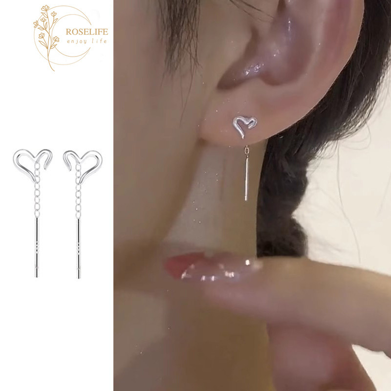 Roselife S925 Silver Chain Heart Dangle ต่างหูสําหรับผู้หญิงสาว Drop ยาวหูเครื่องประดับอุปกรณ์เสริม