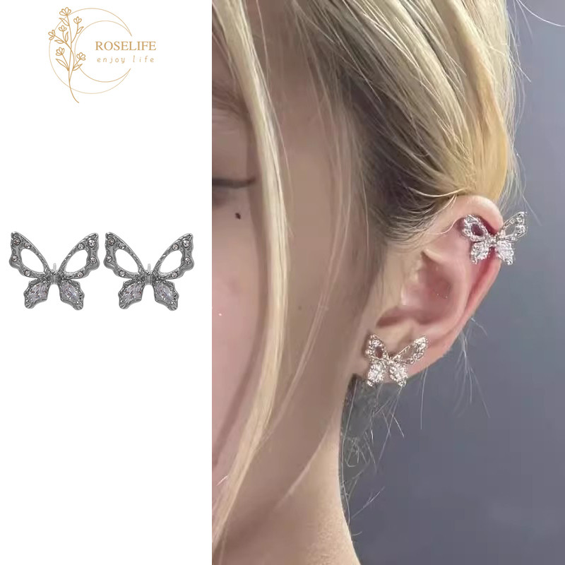 Roselife 1 คู่คริสตัลเงิน Hollow ผีเสื้อ Pierced ต่างหูสตั๊ดสําหรับผู้หญิงสาวแฟชั่นหูเครื่องประดับอุปกรณ์เสริม
