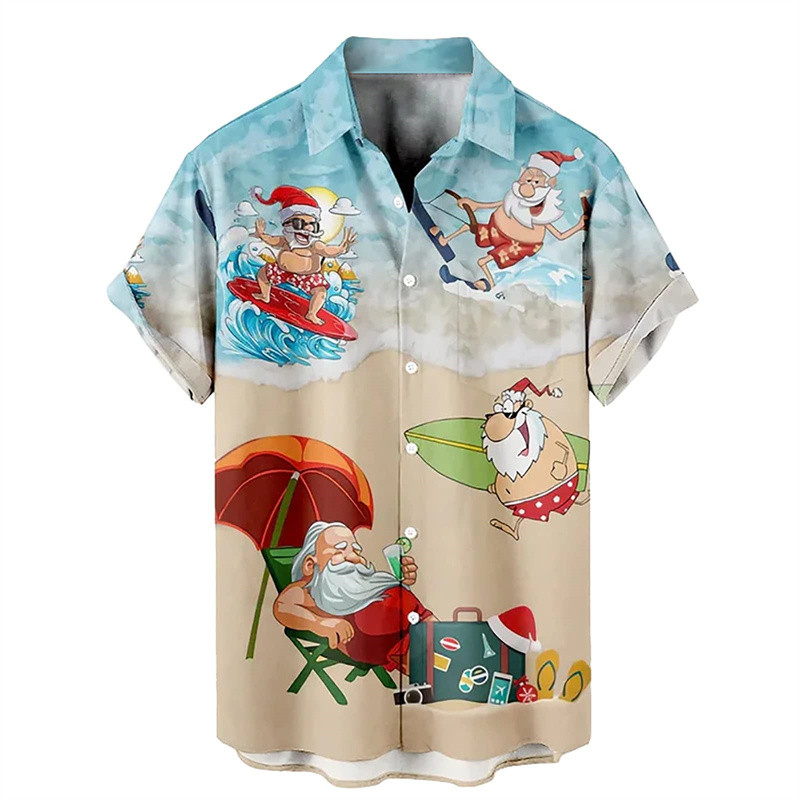 เสื้อคริสต์มาสผู้ชาย เสื้อฮาวายแสนสนุก, ซานตาคลอสพิมพ์ลาย 3 มิติ, กวางเรนเดียร์คริสต์มาส, ลายจิงโจ้, เสื้อผู้ชายฤดูร