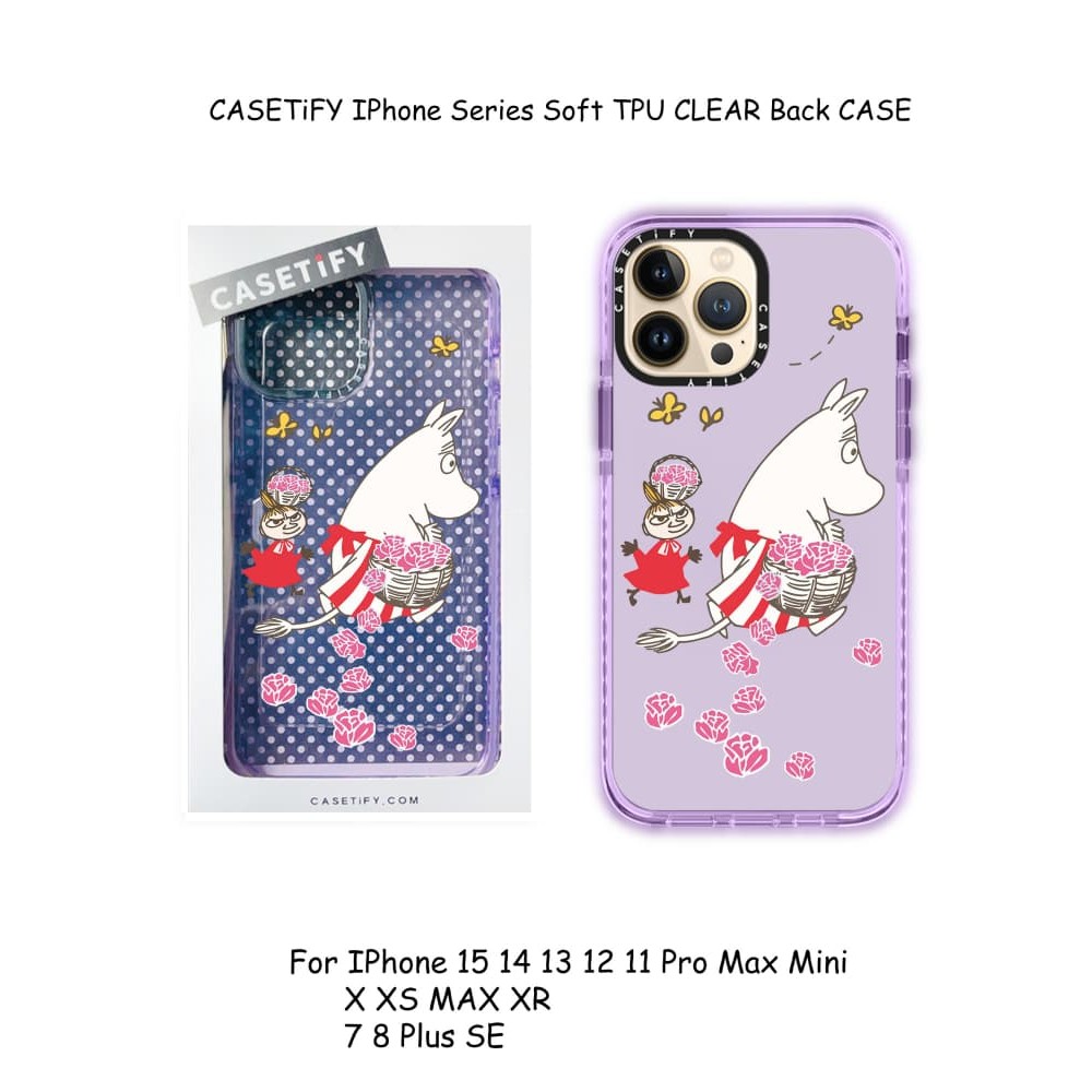 Moomin Pluck ดอกไม้ CASETiFY IPhone Series สีม่วง Soft TPU CLEAR กลับสําหรับ IPhone 16 15 14 13 12 11 Pro MAX 7 8 Plus X XS MAX XR MINI ของขวัญกล่องบรรจุภัณฑ์