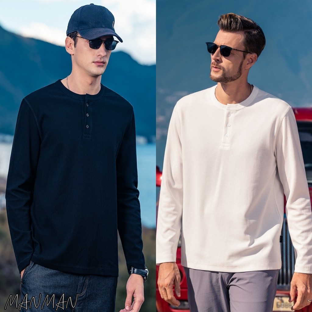 MANMAN แขนยาวผู้ชาย สีล้วน เสื้อผู้หญิง ชุดคู่รัก แมทช์ลุคง่าย แบบหลวม เรียบง่าย