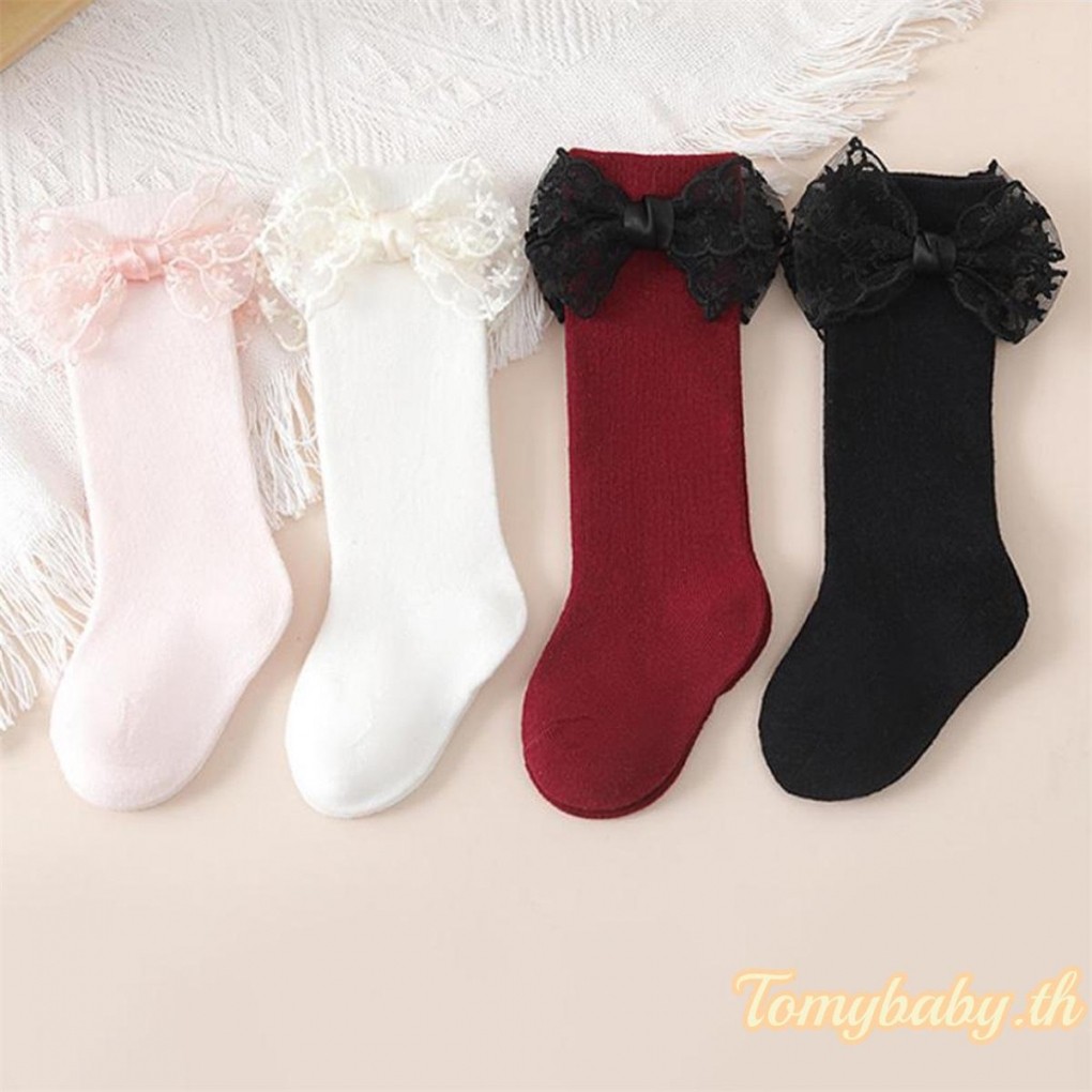 Tomybaby-ถุงเท้าเด็กวัยหัดเดินสําหรับสาวลูกไม้น่ารัก Bowknot Anti-Skid Over-The-Knee ฤดูใบไม้ผลิฤดูร้อนถุงเท้าบาง