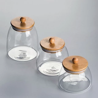 โหลแก้วฝาไม้ เก็บวัตุดิบ ทรงโอ่ง กระปุกใส่ขนม ขวดใส่เครื่องปรุง Food Storage #AM-0004