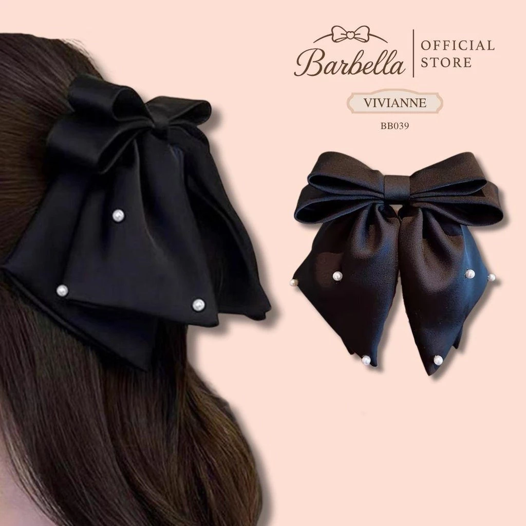Barbella กิ๊บโบว์ผ้าซาตินประดับไข่มุก โบว์ใหญ่คลาสสิก สไตล์เรียบหรู รุ่น Vivianne (BB039)