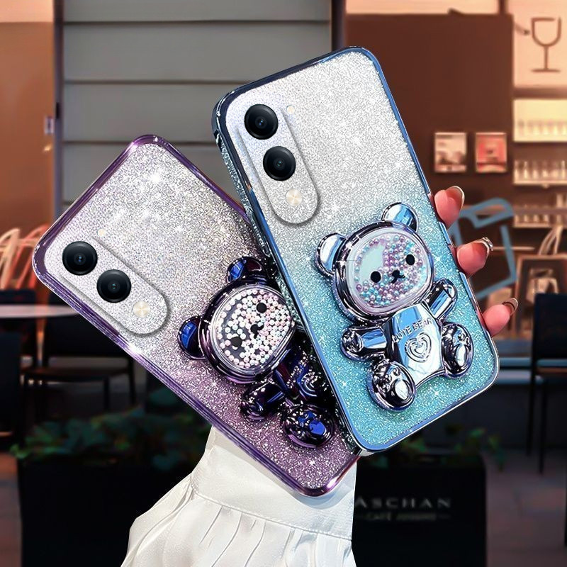 สําหรับVivo Y19S GT Y400 Pro Y29T Y29S Y04 Y04SกรณีGradient 3Dหมีพับขาตั้งLuxury SlimชุบGlitterสาวสํ