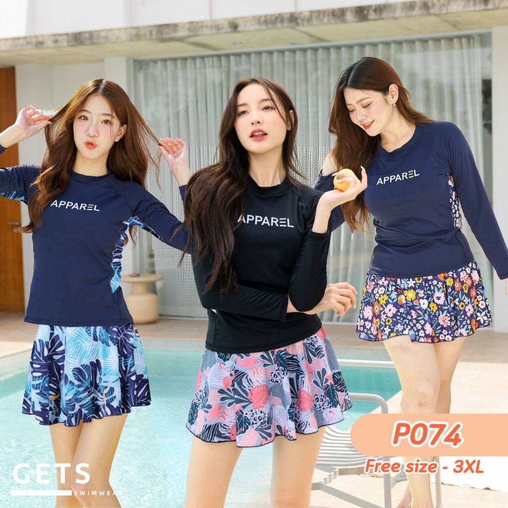 Getsswimwear 🌊Apparel P074 ชุดว่ายน้ำผู้ใหญ่ 2 ชิ้น Rashguard แขนยาวคู่กระโปรง กันยูวี มีไซส์ M/L-3XL