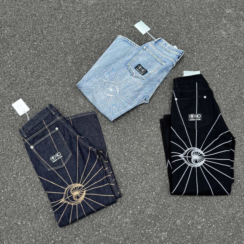 THUG CLUB ปัก Spider Web กางเกงยีนส์ทรงหลวมเอวกลาง