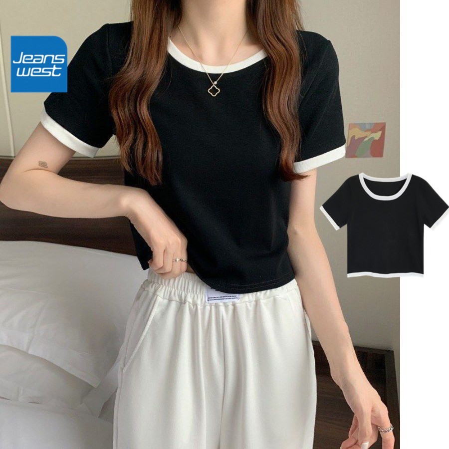 เสื้อผู้หญิง Jeanswest คอกลมเอวสูงโชว์สะดือ สีตัดกันทรงสั้น แฟชั่นใหม่ล่าสุด