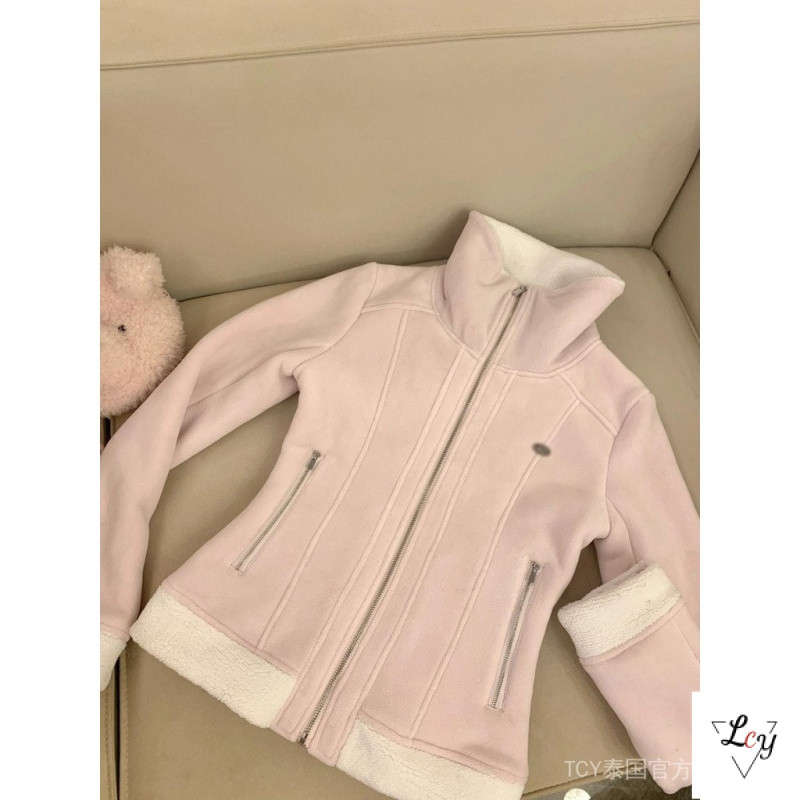 เสื้อโค้ทตัวสั้นกันหนาวและอบอุ่นสำหรับฤดูใบไม้ร่วงและฤดูหนาวของผู้หญิงเสื้อโค้ทเสื้อสเวตเตอร์มีซิปสีชมพูนุ่มและอ่อนโยนสำหรับผู้หญิงการออกแบบใหม่สำหรับฤดูหนาวของผู้หญิงเสื้อบุขนกำมะหยี่เข้ารูปดูผอมเพรียว