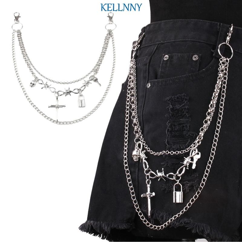 Kelln MultiLayer Harajuku กางเกง.Crosses Punk สำหรับ Egirl Eboy ดีไซน์โซ่อย่างสวยงาม