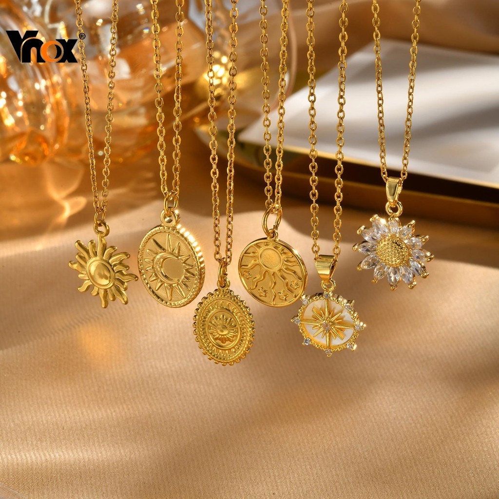Vnox Gold Zircon Cubic Geometric Sunflowers จี้สร้อยคอผู้หญิง,สแตนเลส Hypoallergenic สร้อยคอ,แฟชั่นเครื่องประดับของขวัญ
