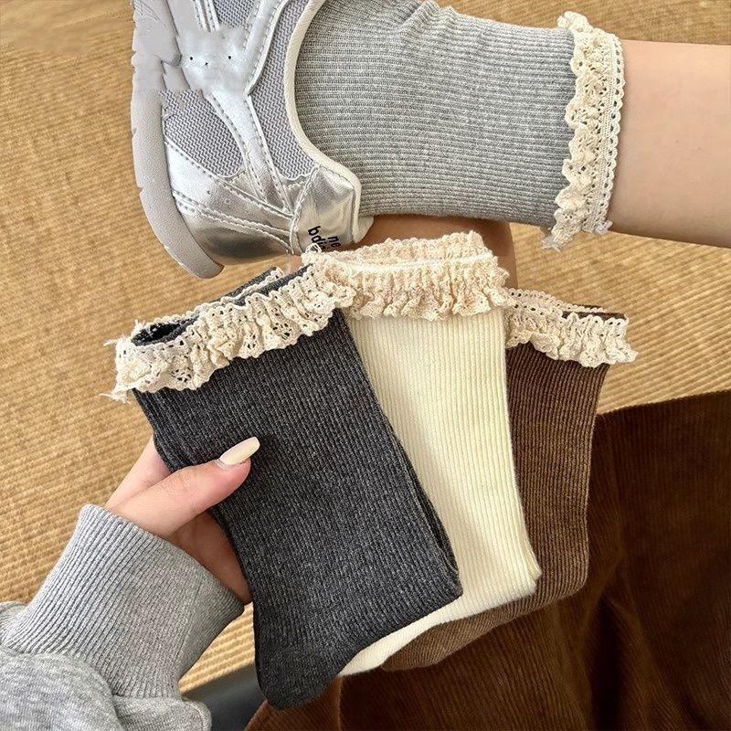 สไตล์เกาหลี อิน ญี่ปุ่นสาวหวานสีทึบแนวตั้งแถบกลาง-หลอดฤดูใบไม้ผลิฤดูใบไม้ร่วงที่เรียบง่ายย้อนยุคจีบลูกไม้กองถุงเท้า