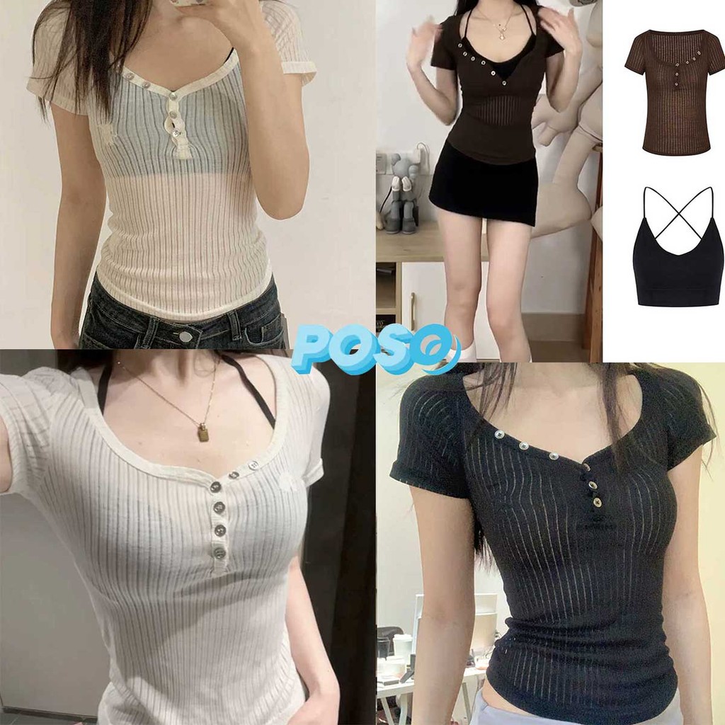 เสื้อยืดดีไซน์กระดุมอก คอวี แขนสั้น สไตล์ใหม่ล่าสุด