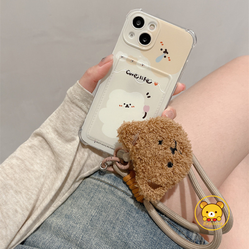 SAMSUNG การ์ตูนหมีผู้ถือบัตรปลอกสําหรับSamsung Galaxy S25 Edge S24 S23 S22 S21 Plus FE + หมายเหตุ 20 Ultra 5G 4Gเคสโทรศัพท์นุ่มปกหลังพร้อมเชือกหมีน่ารัก
