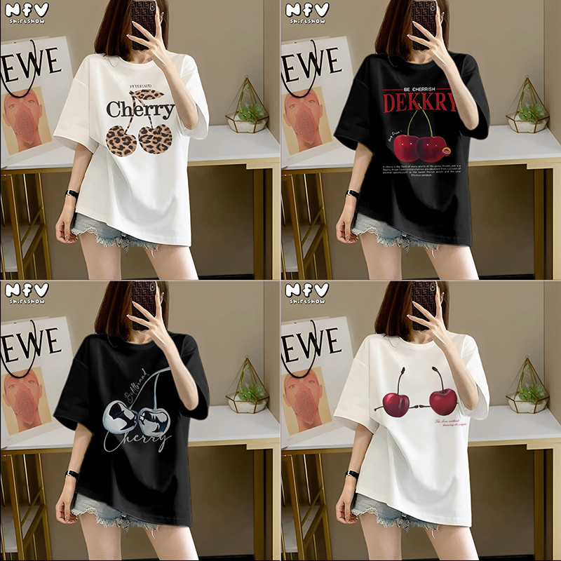 NFV แฟชั่นเกาหลี🍒เสื้อยืดแขนสั้นคอกลม ลายพิมพ์เชอร์รี่ ระบายอากาศ ผ้าฝ้ายแท้ ใส่สบาย ทรงหลวม YG0