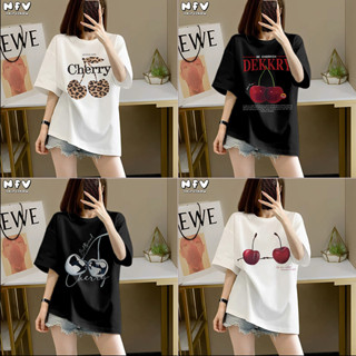NFV แฟชั่นเกาหลี🍒เสื้อยืดแขนสั้นคอกลม ลายพิมพ์เชอร์รี่ ระบาย…