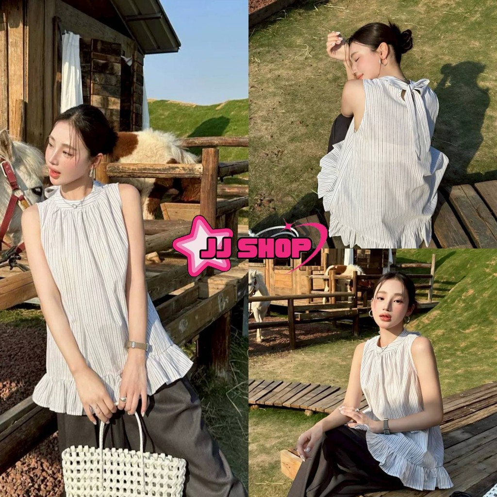 JJ Shop​💜พร้อมส่ง เสื้อแขนกุด คอกลม ดีเทลลายทาง น่ารักสไตล์เกาหลี สาวหวานๆ สาวจีน "FY2534"