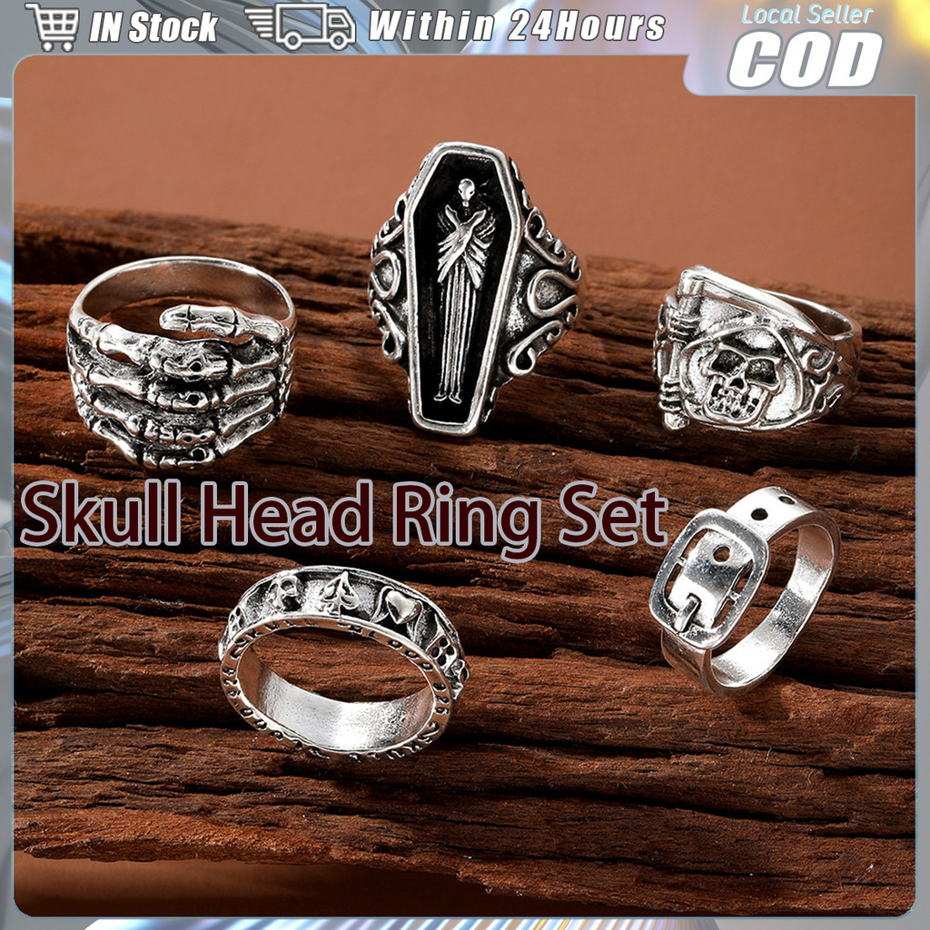 5 ชิ้น/เซ็ต Skull กล่องแหวน Vintage Skull & Leaf ออกแบบแหวนสําหรับอินเทรนด์ Cool Boy Girl Street ทุก