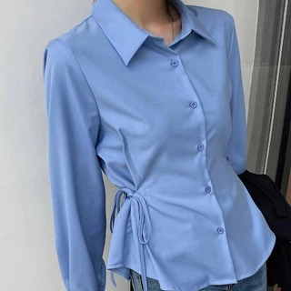 เสื้อเชิ้ตลำลองสตรี สไตล์นักธุรกิจ แขนยาว คอกลม มีสายผูกที่เอว ใส่ง่ายสำหรับทุกโอกาส