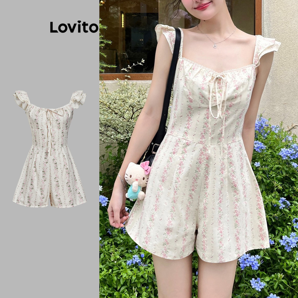 (KOL‘s pick) Lovito จั๊มสูทคอระบายลายดอกไม้สไตล์ลำลองสำหรับผู้หญิง L112ED709