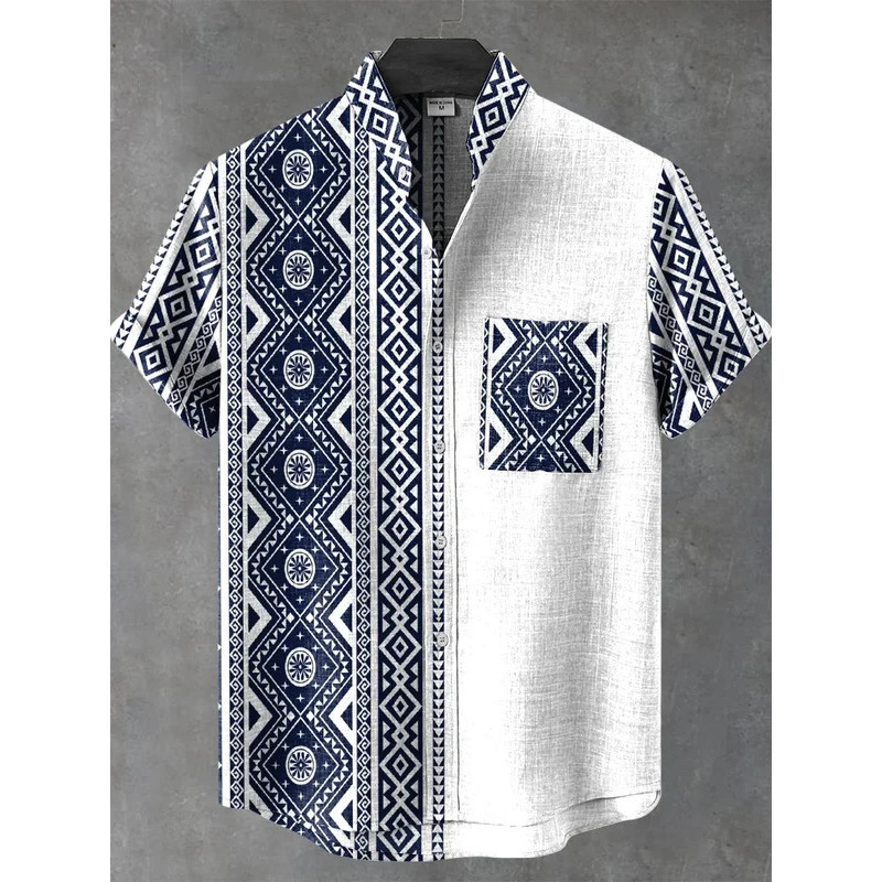 เสื้อแขนสั้นสไตล์ชาติพันธุ์ใหม่ ทำจากผ้าลินินพิมพ์ มีกระดุม