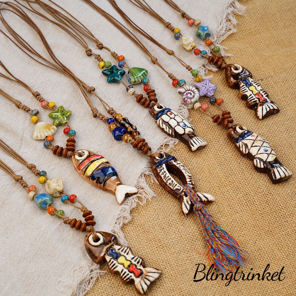 BlingTrinket สร้อยคอ ปลาตัวเล็กเซรามิกเพ้นท์ การตกแต่งด้วยลูกปัด สไตล์ย้อนยุค แฟชั่นน่ารัก ส่งไวจากไทย