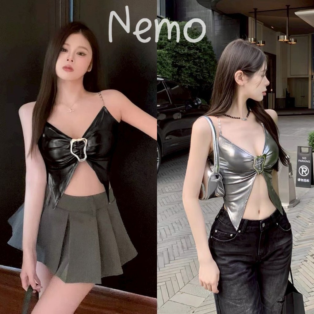 Nemo store🌸#FY5186 เสื้อสายเดี่ยว เว้าเอว สีเมทัลิค ดำเทา