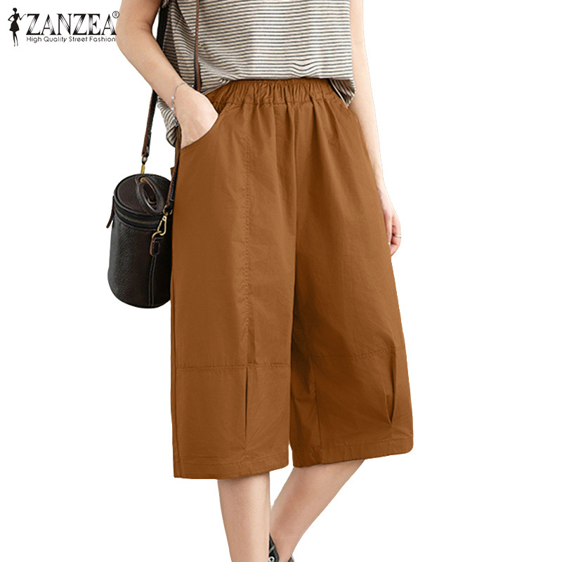 ZANZEA กางเกงขาสั้นครอปหลวมสไตล์เกาหลี ดีไซน์เอวสูง มีกระเป๋า