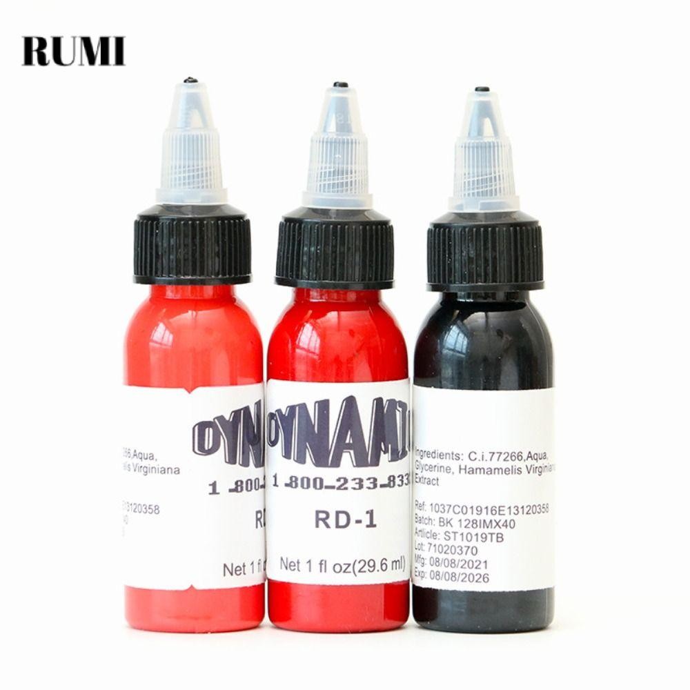 หมึกสักถาวรสีหลากหลาย เช่น ขาว, ดำ, น้ำตาล, ม่วง, ชมพู, เขียว, และแดง ขนาด 30 มล.