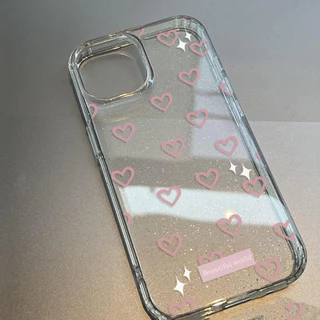 เคส iPhone 16 Pro Max iPhone 11 เคสใสแบบแวววาว TPU นุ่มสีสันสดใส หัวใจและโบว์สีชมพูน่ารัก Compatible iPhone15