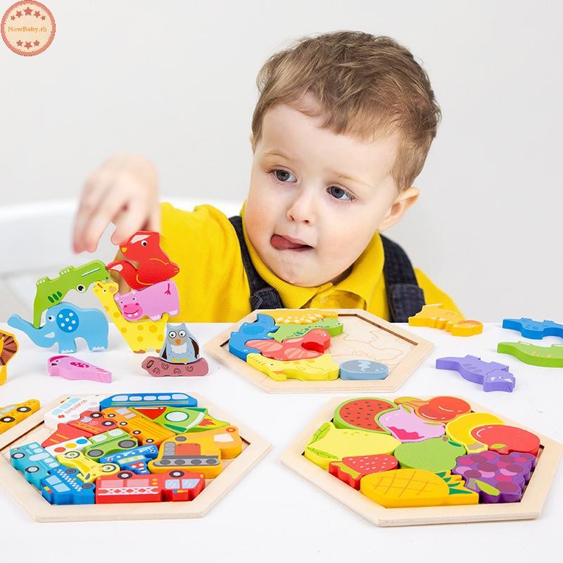 NEWBABY จิ๊กซอว์ไม้เด็กการ์ตูนสัตว์ปริศนาไม้เกมเด็ก Montessori ของเล่นเพื่อการศึกษาเด็ก TH