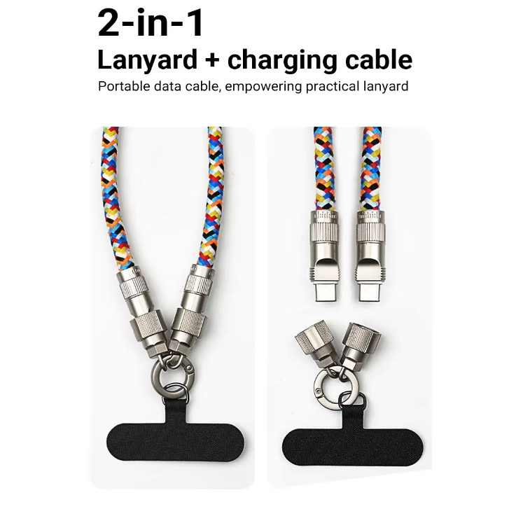 สายชาร์จ 60W สายชาร์จมือถือแบบ2 in คล้องคอคล้องคอข้อมือสำหรับอุปกรณ์เสริมโทรศัพท์มือมือ