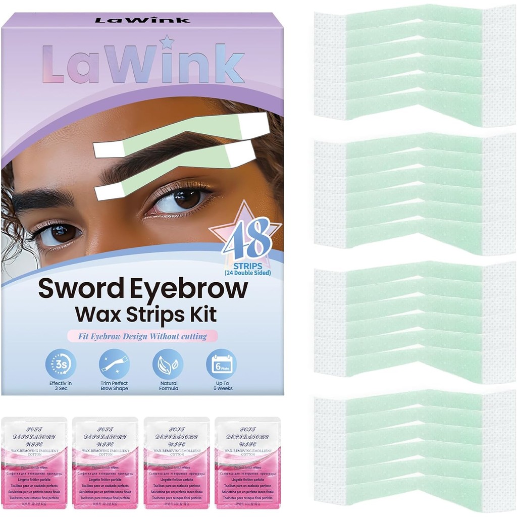 LaWink Sword Eyebrow Wax Strips Kit Facial Wax Strips, 48 pcs 4 Calming Oil Wipes, Ready to Use Face