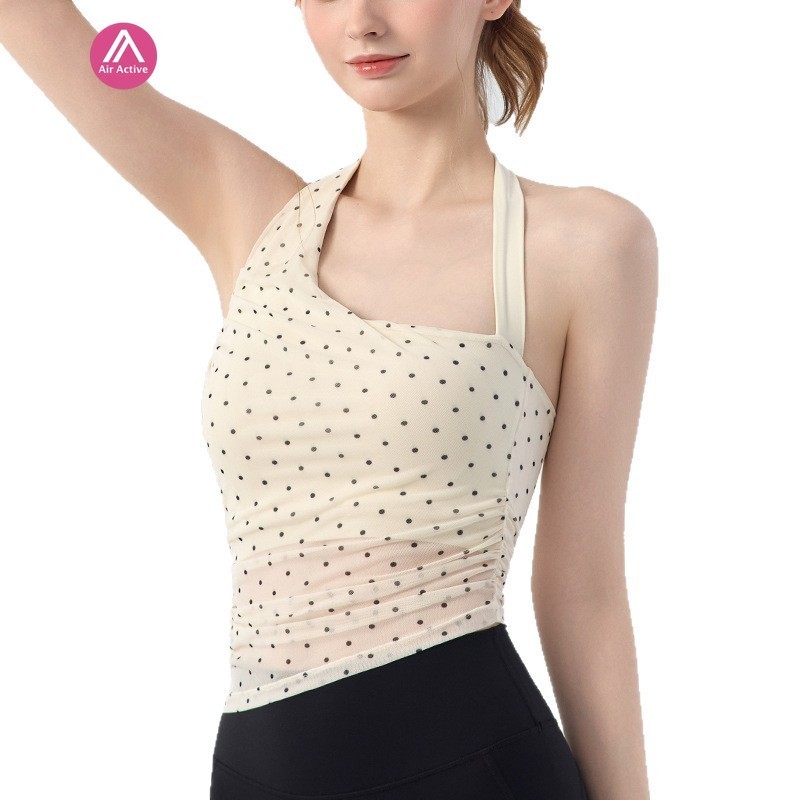 AirActive Leisure Yoga Sports Bra Fixed Pads Halter Neck Irregular Shoulder Straps Mesh-stitching