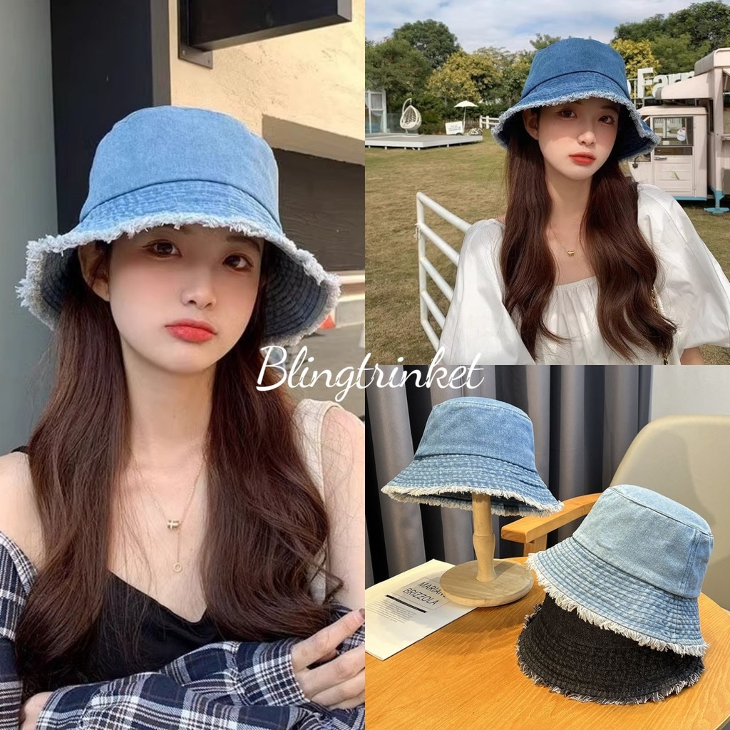 BlingTrinket 💕💕 หมวก เดนิมวินเทจขอบดิบ การป้องกันแสงแดด แฟชั่นหวานๆ หมวกบักเก็ต ส่งไวจากไทย