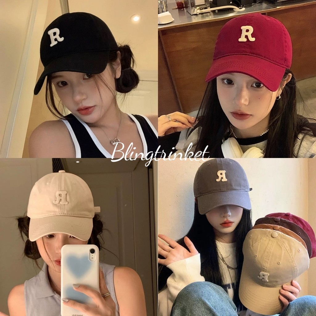 BlingTrinket 😍😍 หมวก มีให้เลือกหลากหลายสี ลวดลายตัวอักษร R สไตล์เกาหลี หวานและน่ารัก หมวกเบสบอล