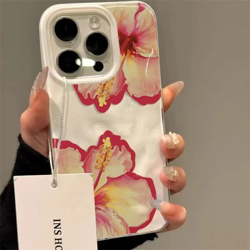 สีชมพู Hibiscus ดอกไม้พับเนื้อซิลิโคนเคสโทรศัพท์สําหรับ iPhone 17 16 Pro Max 15 14 13 12 11 16 15 Plus ซิลิโคนกันกระแทกนุ่ม