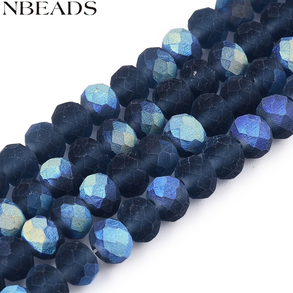 1 เส้นลูกปัดแก้วใส Strands Faceted Frosted Half AB สี Rondelle Marine Blue 6x4.5 มม.รู: 1.4 มม.ประมา