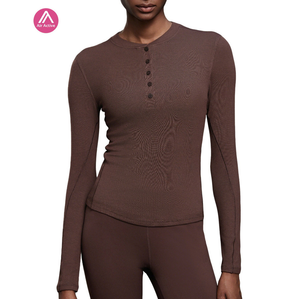 Airactive Leisure Yoga Sports T-shirt Henley Shirt Long Sleeves Ribbed Breathable