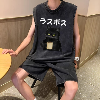 Sea.Tee [COD] เสื้อแขนกุด เสื้อผ้าผช oversize ผ้าฝ้าย 100% 'เสื้อ cat' S-3XL