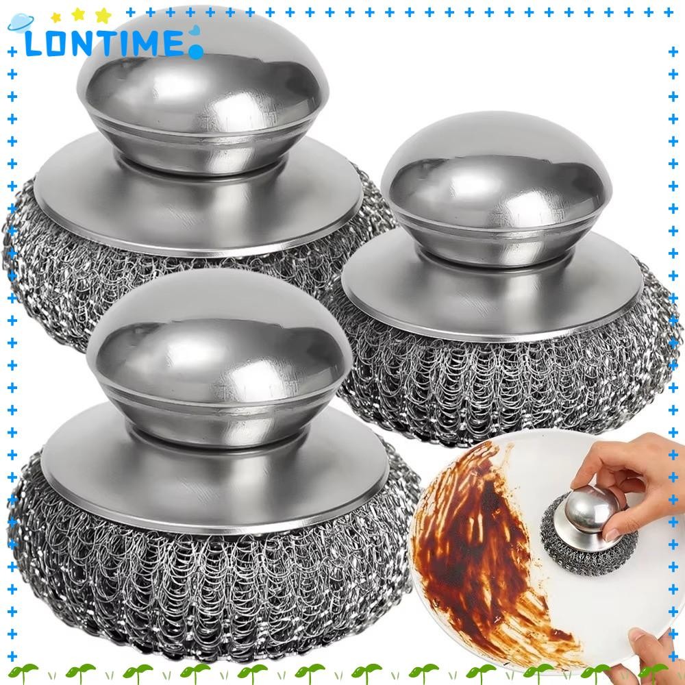 LONTIME แปรงล้างหม้อ ทนทานพร้อมที่จับ ลูกลวดล้างจาน ฟองน้ําโลหะสแตนเลสกันสนิม แผ่นขัดโลหะ ทําความสะอาด