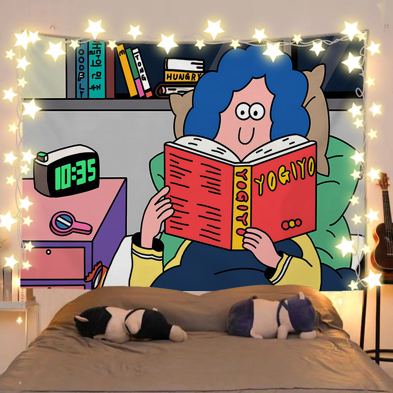 ศิลปะการ์ตูนภาพประกอบที่อบอุ่นรักษาตัวเองอินสไตล์พื้นหลังผ้าให้เช่าบ้านหอพักห้องนอนตกแต่งผนังผ้าพรม - รูปที่ 4
